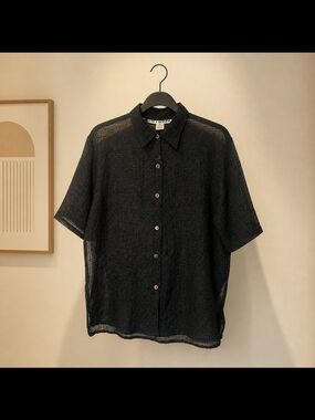 Just Elements Black Textured Crinkle Button Front Blouse Short Sleeve Vintage